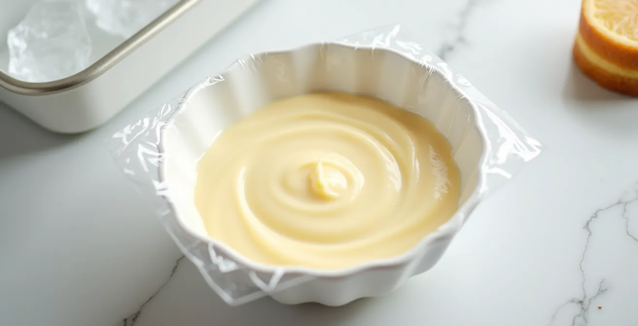 Plastic wrap pressed directly onto pastry cream surface in bowl