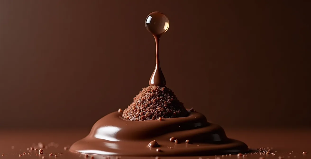 Extreme close-up showing contrast between smooth and seized chocolate textures