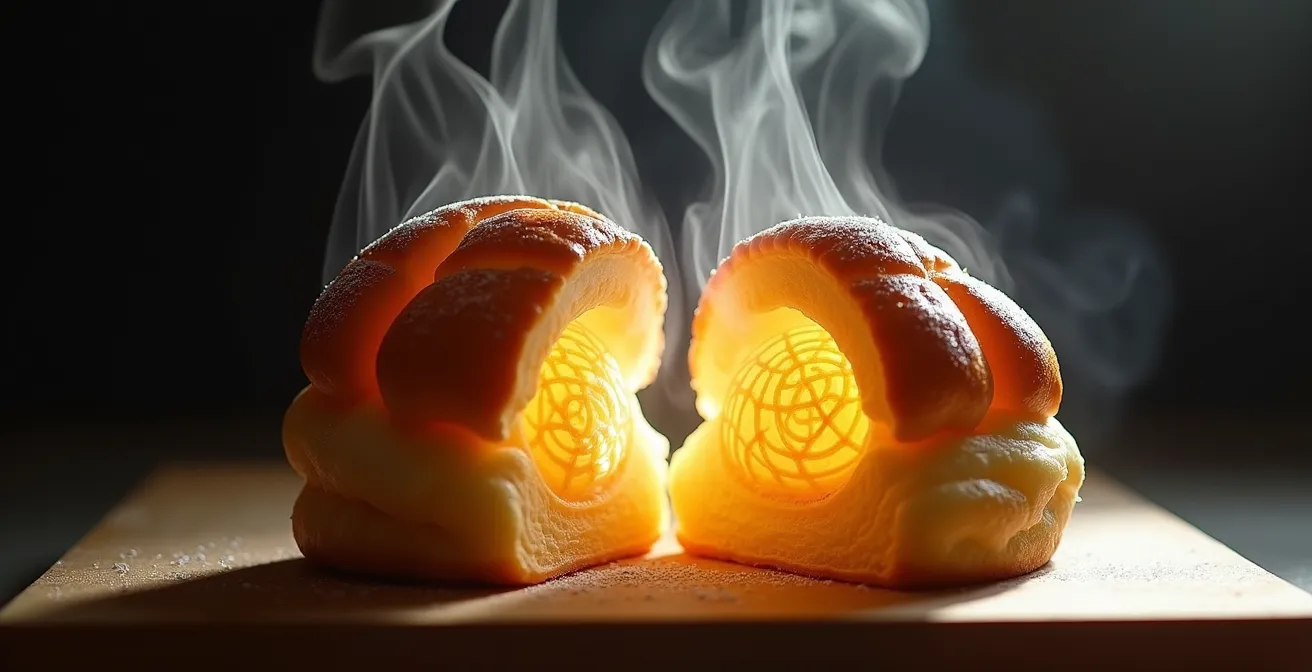 Microscopic cross-section of choux pastry showing steam bubbles expanding within dough structure