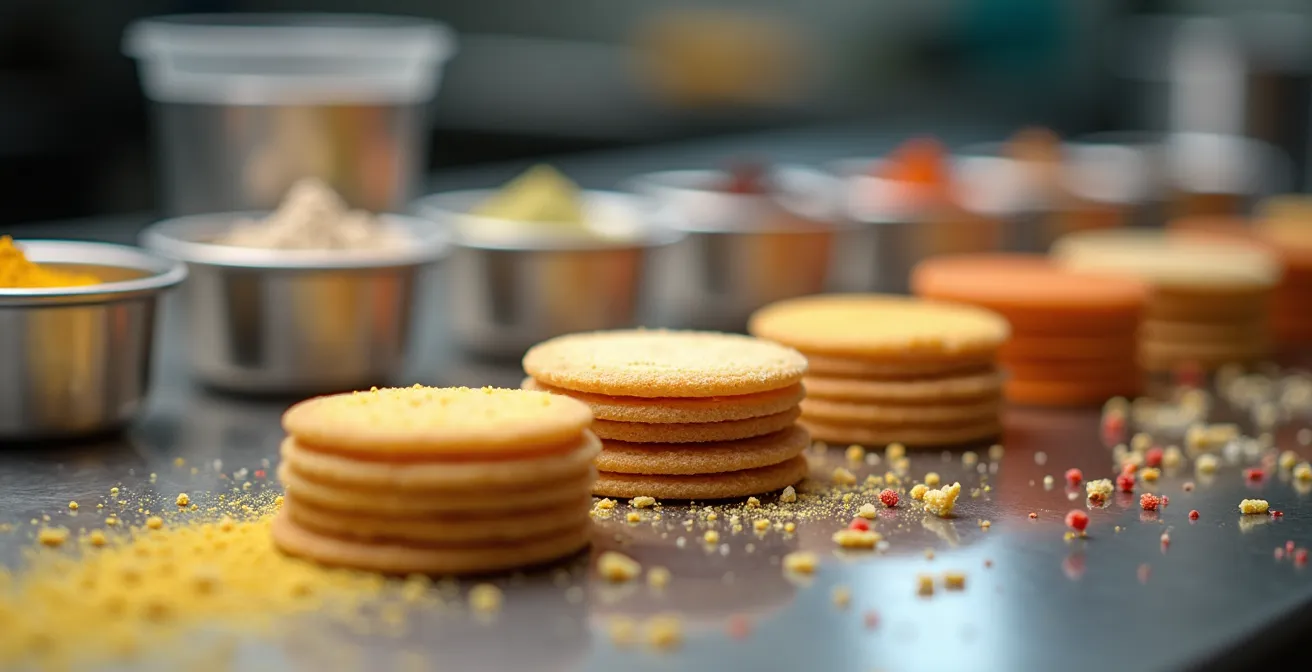 Professional pastry station organized with pre-prepared garnish components