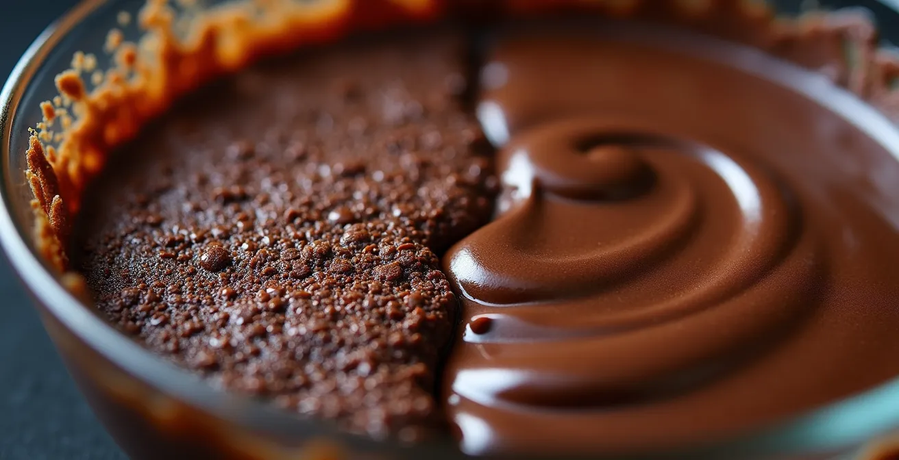 Macro view of brownie batter showing transformation from grainy to glossy texture