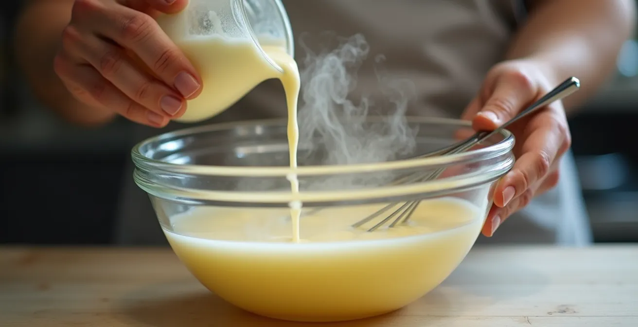 Professional tempering technique showing milk stream into egg mixture