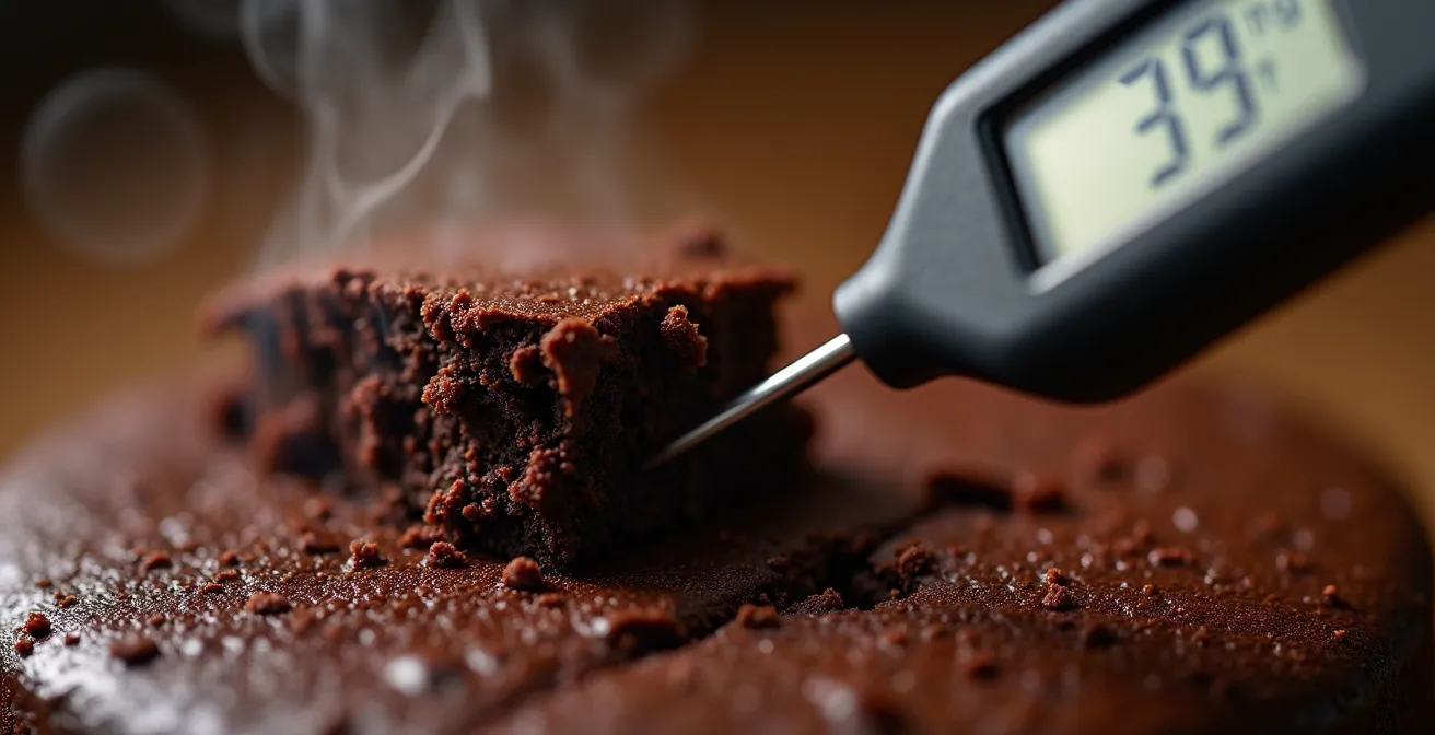 Digital thermometer inserted into chocolate cake showing temperature reading
