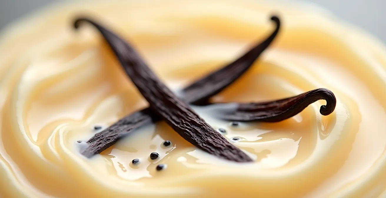 Extreme close-up of vanilla pods in cream showing texture details