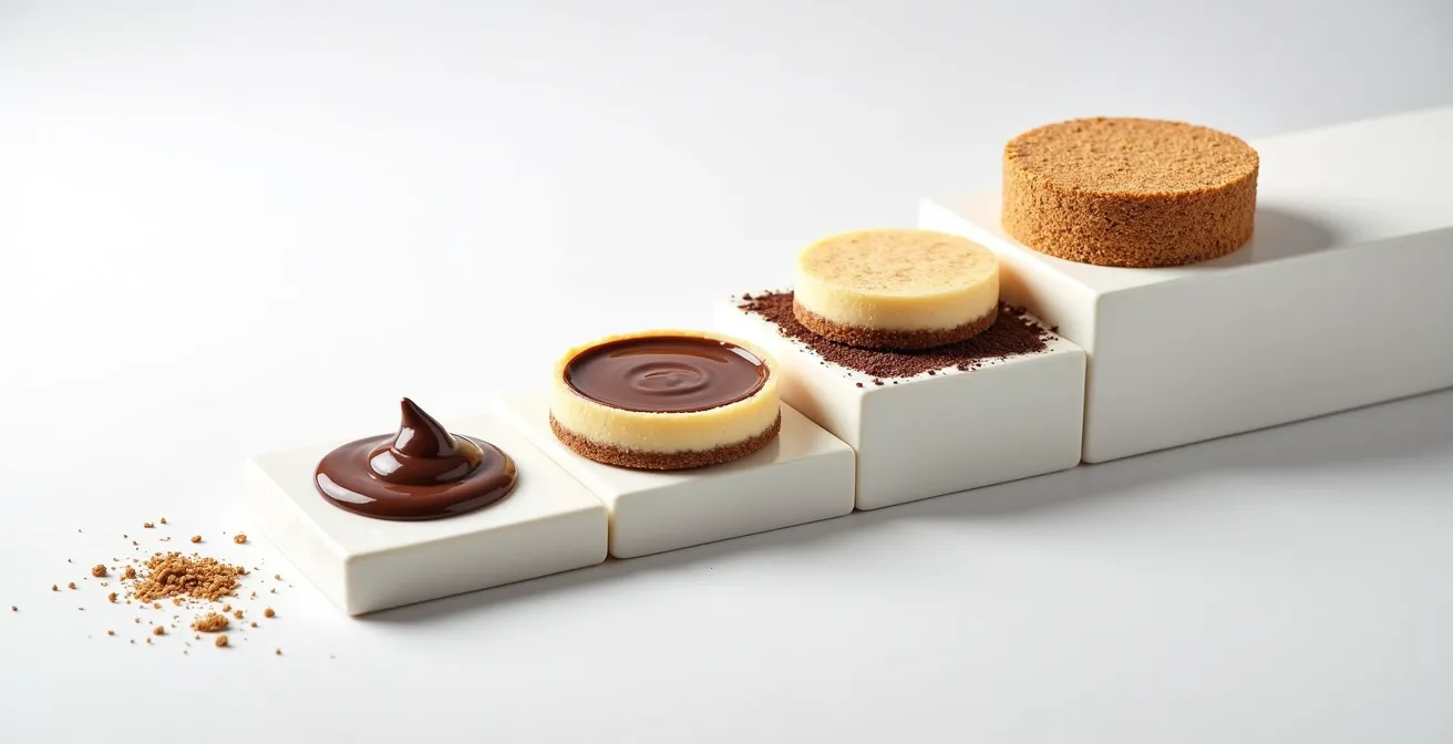 Cross-section view of layered cheesecake crust showing waterproof barrier