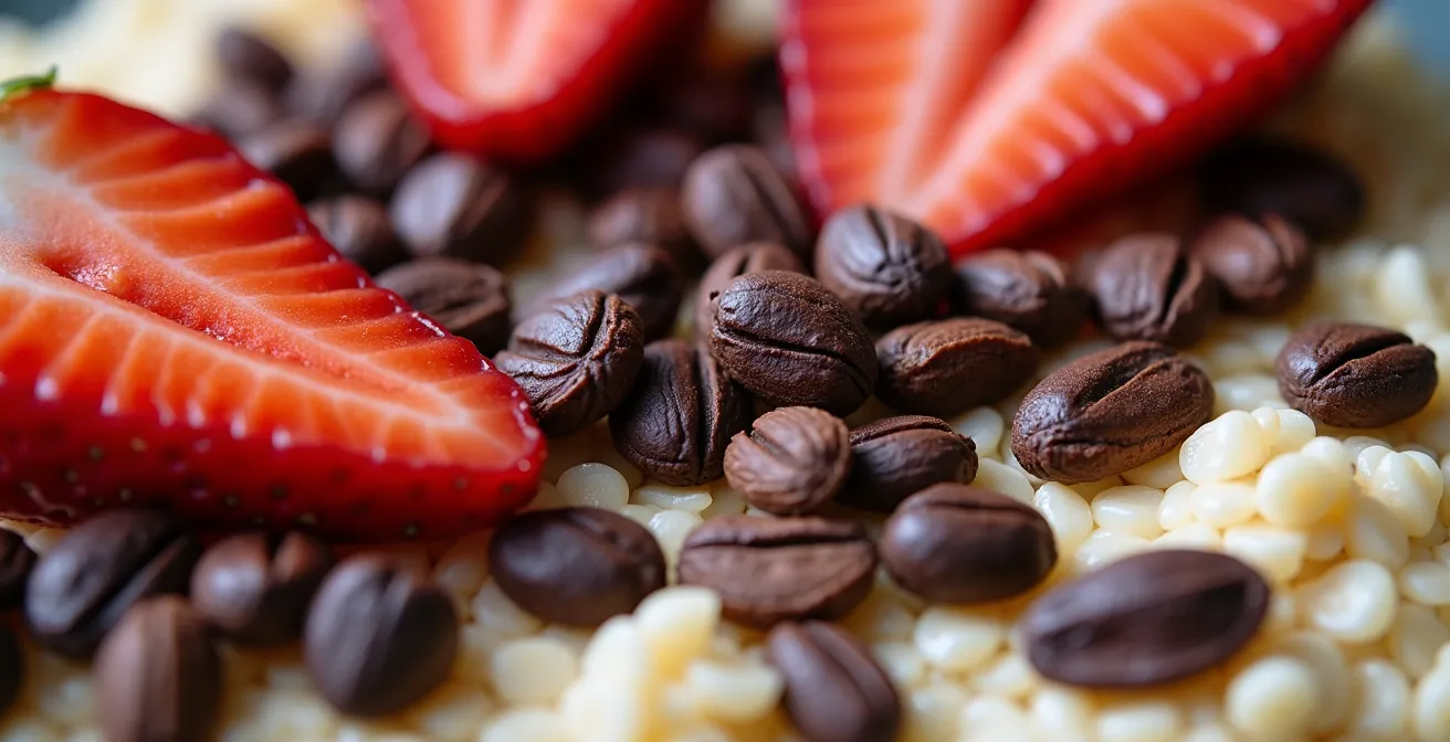Extreme close-up of cacao nibs scattered on creamy oatmeal with visible texture details