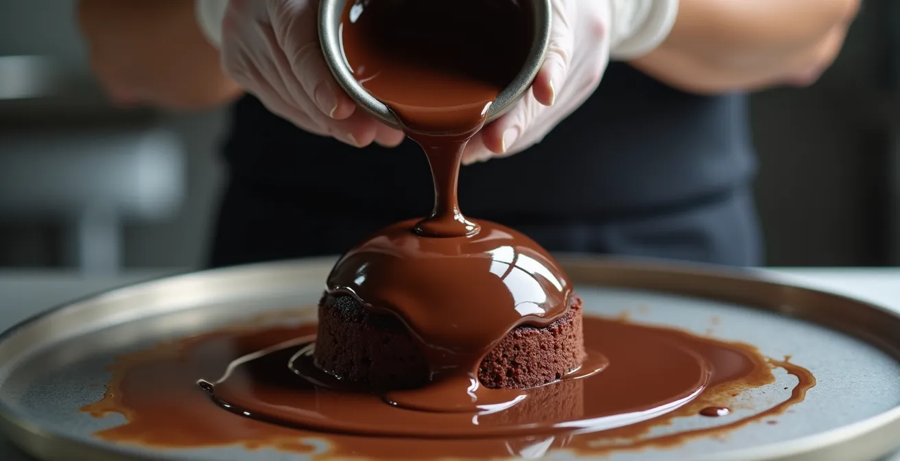 Perfect mirror glaze on chocolate dome showing flawless bubble-free surface with professional finish