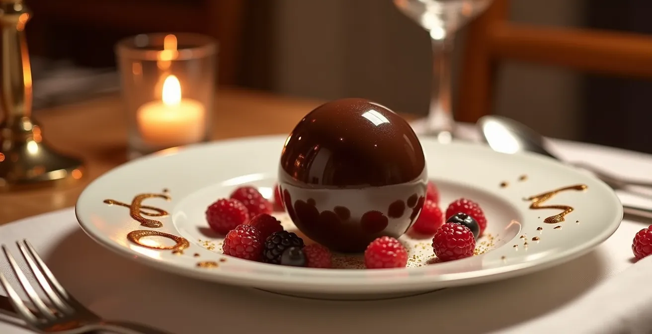 Wide shot of elegant dining table with chocolate sphere dessert as centerpiece