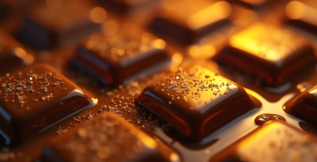 Extreme close-up of melting chocolate showing temperature gradient and crystalline structure
