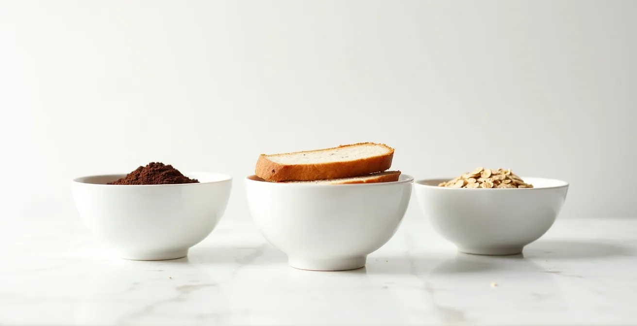 Wide shot showing cocoa powder alongside whole wheat bread and oatmeal for fiber comparison