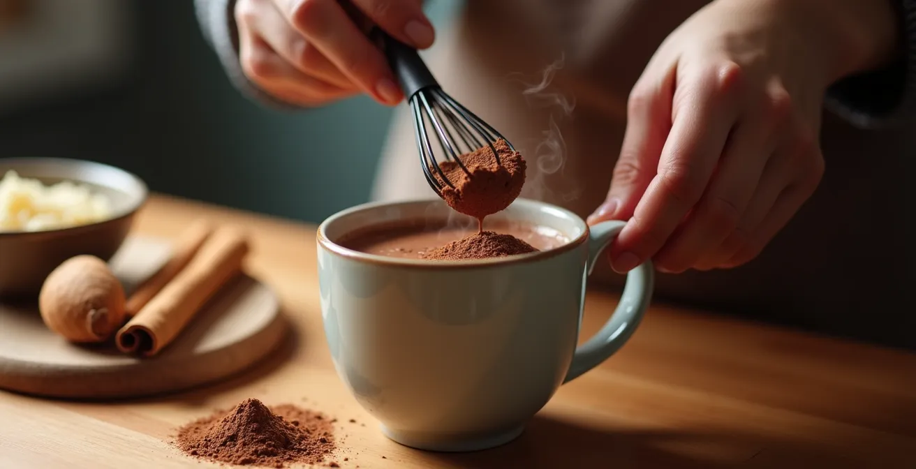 Hands preparing hot cocoa with cacao powder, cinnamon sticks, and almond milk on a kitchen counter