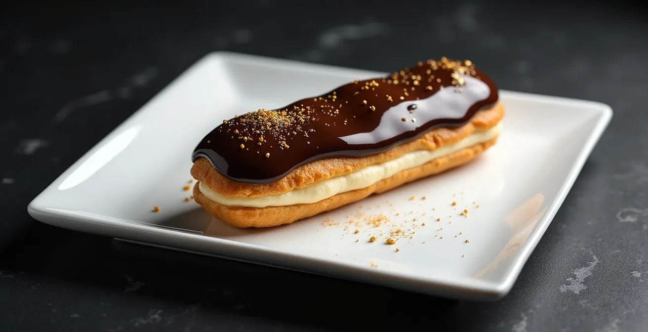 Elegant eclair positioned diagonally on rectangular white plate demonstrating dynamic tension in plating