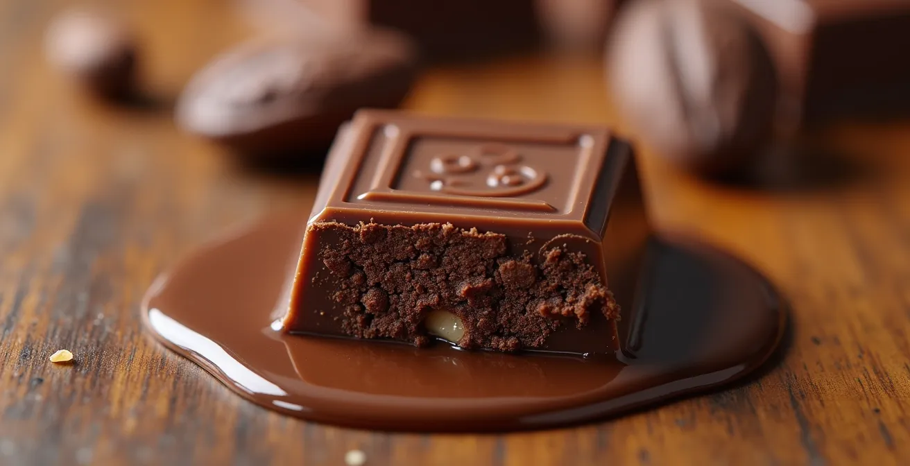 Extreme close-up of dark chocolate square showing crystalline texture and cocoa particles