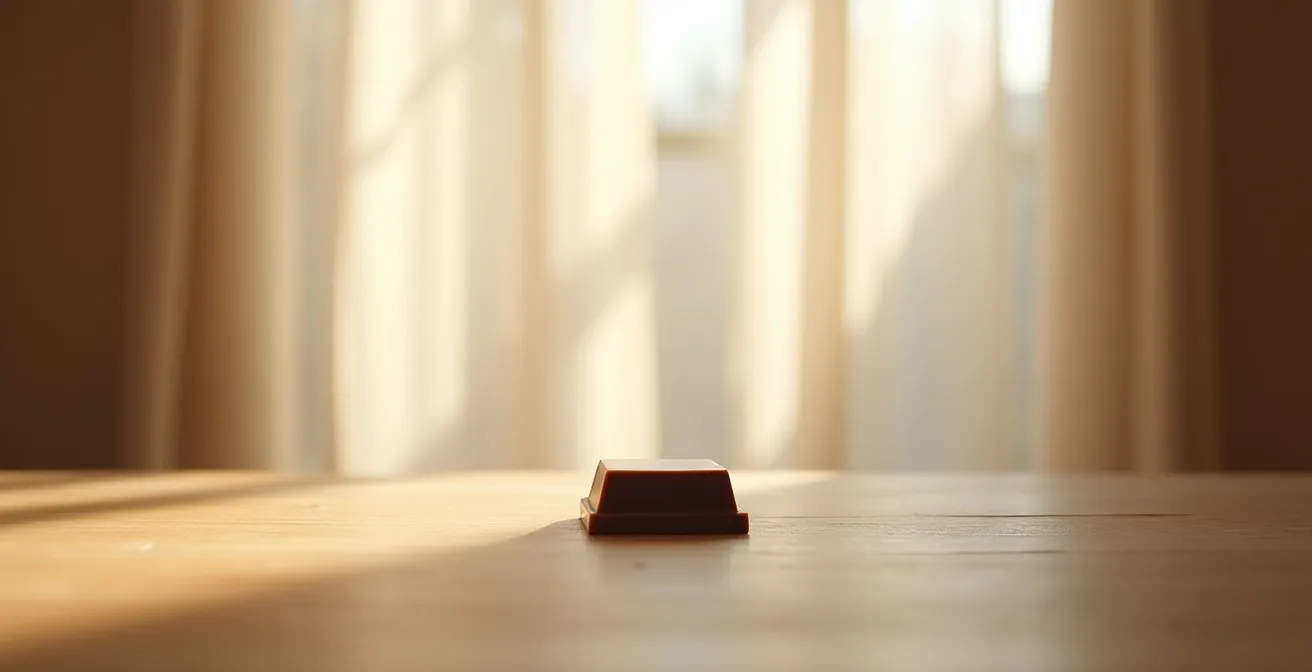 Wide shot of serene minimalist space with single chocolate piece on clean table
