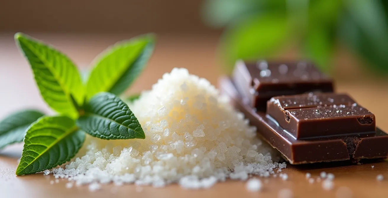 Macro shot comparing stevia leaves with coconut sugar crystals alongside dark chocolate