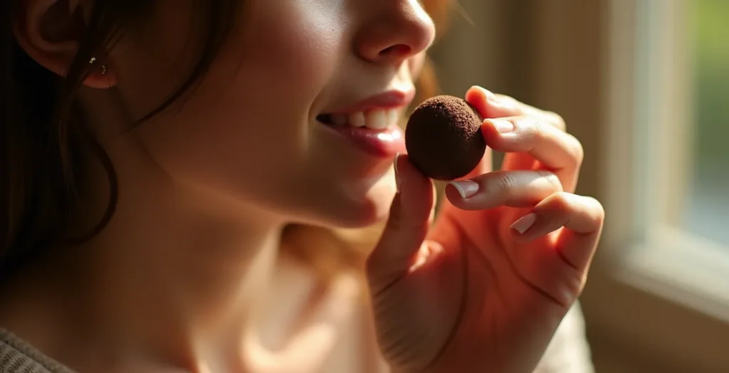 Person savoring single artisanal truffle in contemplative moment Person savoring single artisanal truffle in contemplative moment